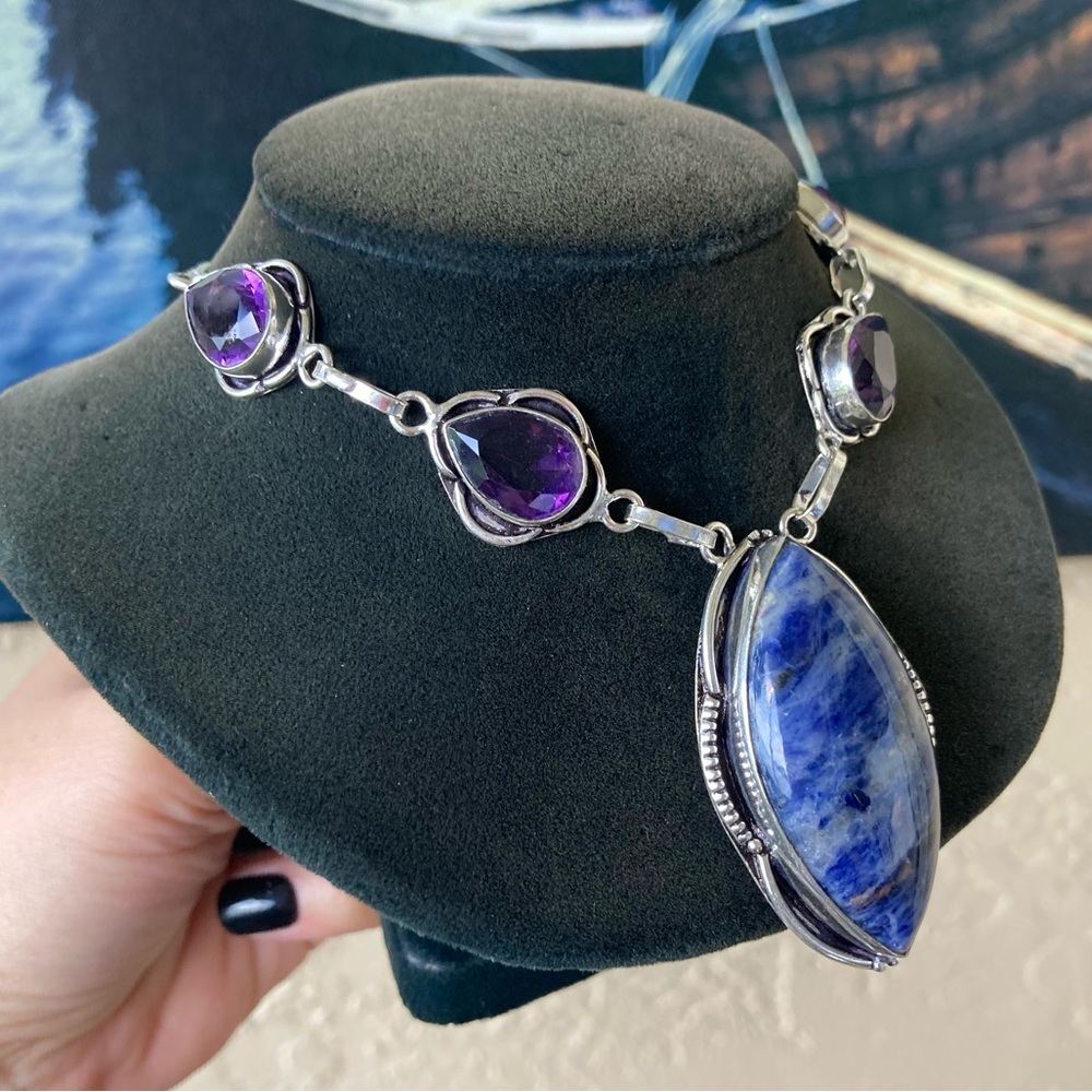 925 sterling silver overlay purple amethyst & blue sodalite stone boho necklace - Picture 4 of 15